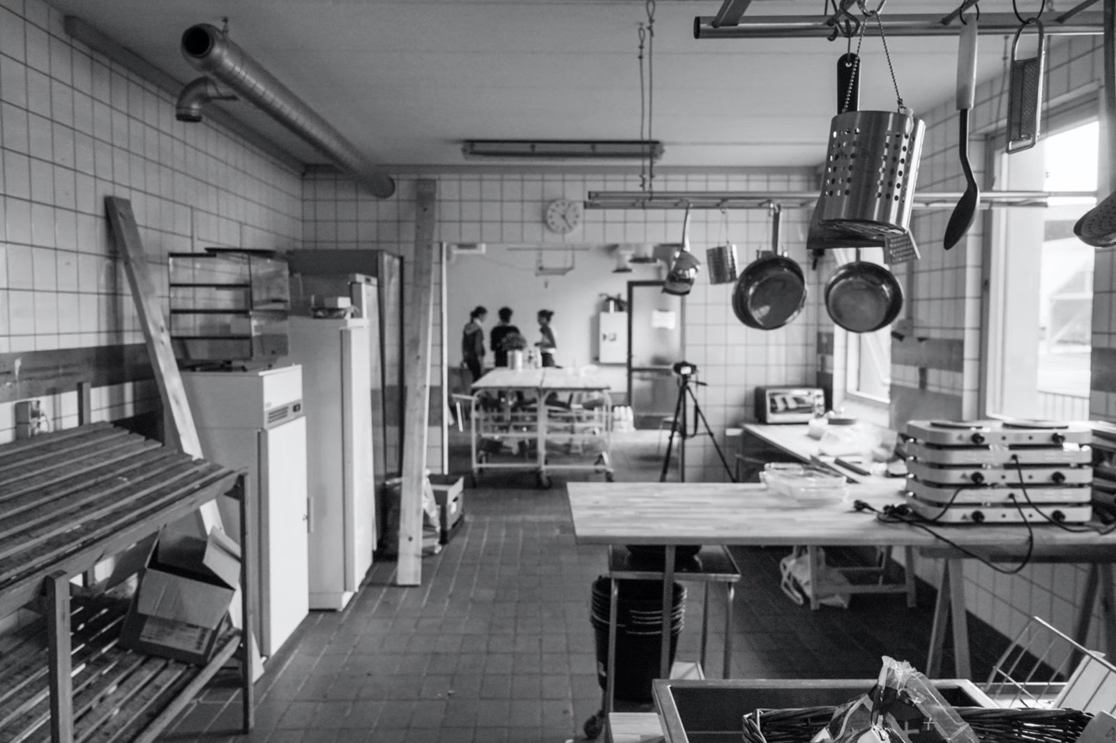 The Fredericia Food Lab kitchen before the opening, in black and white