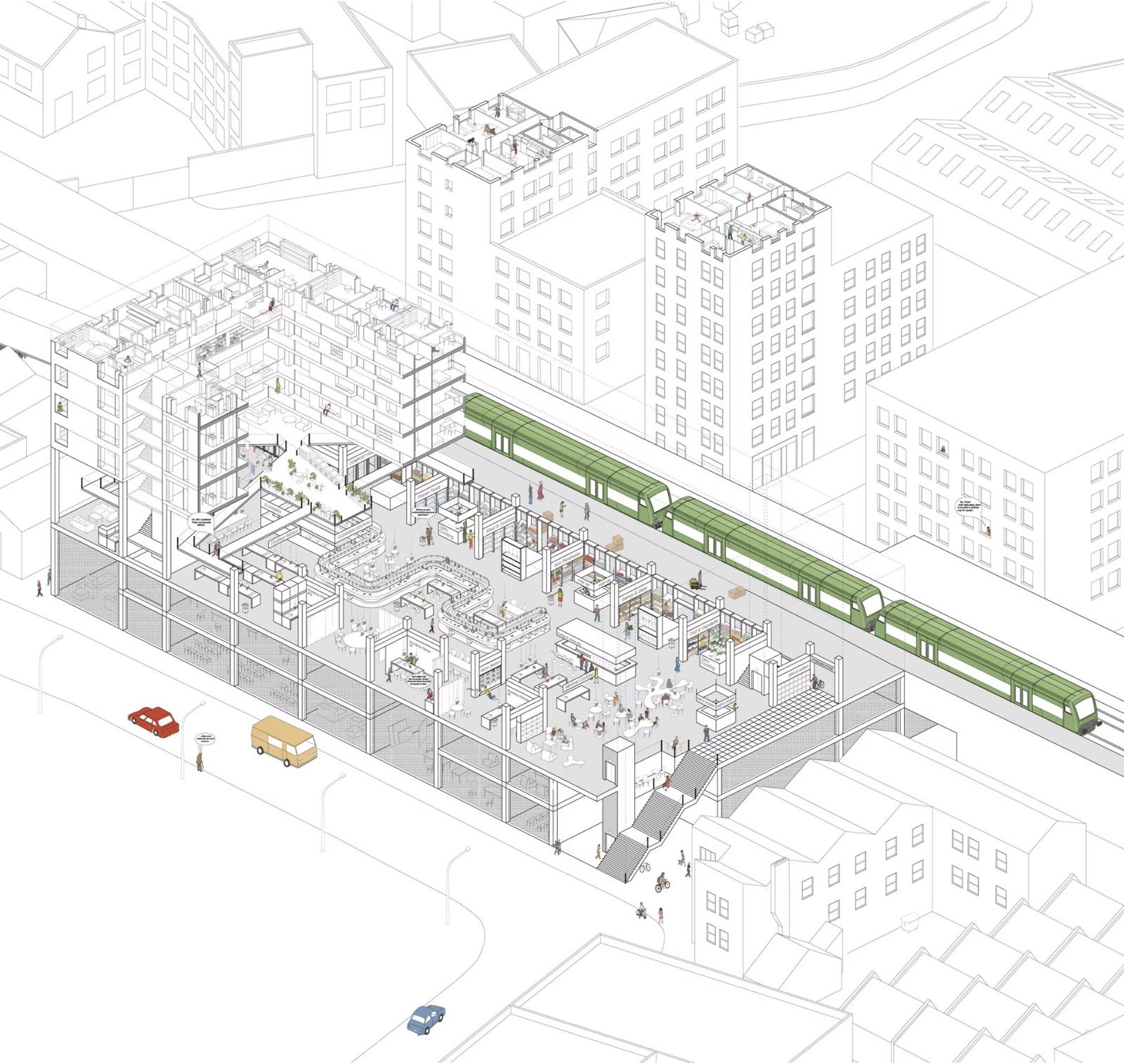 Isometric overview of Hackney Kitchen beneath housing towers next to the Overground line