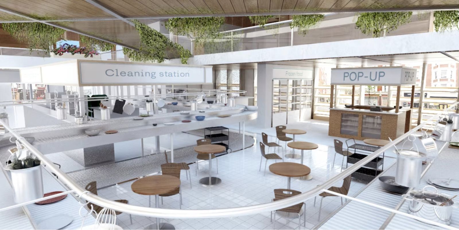 Render of the Hackney Kitchen interior with the cleaning station, frozen food, pop-up stall and café tables