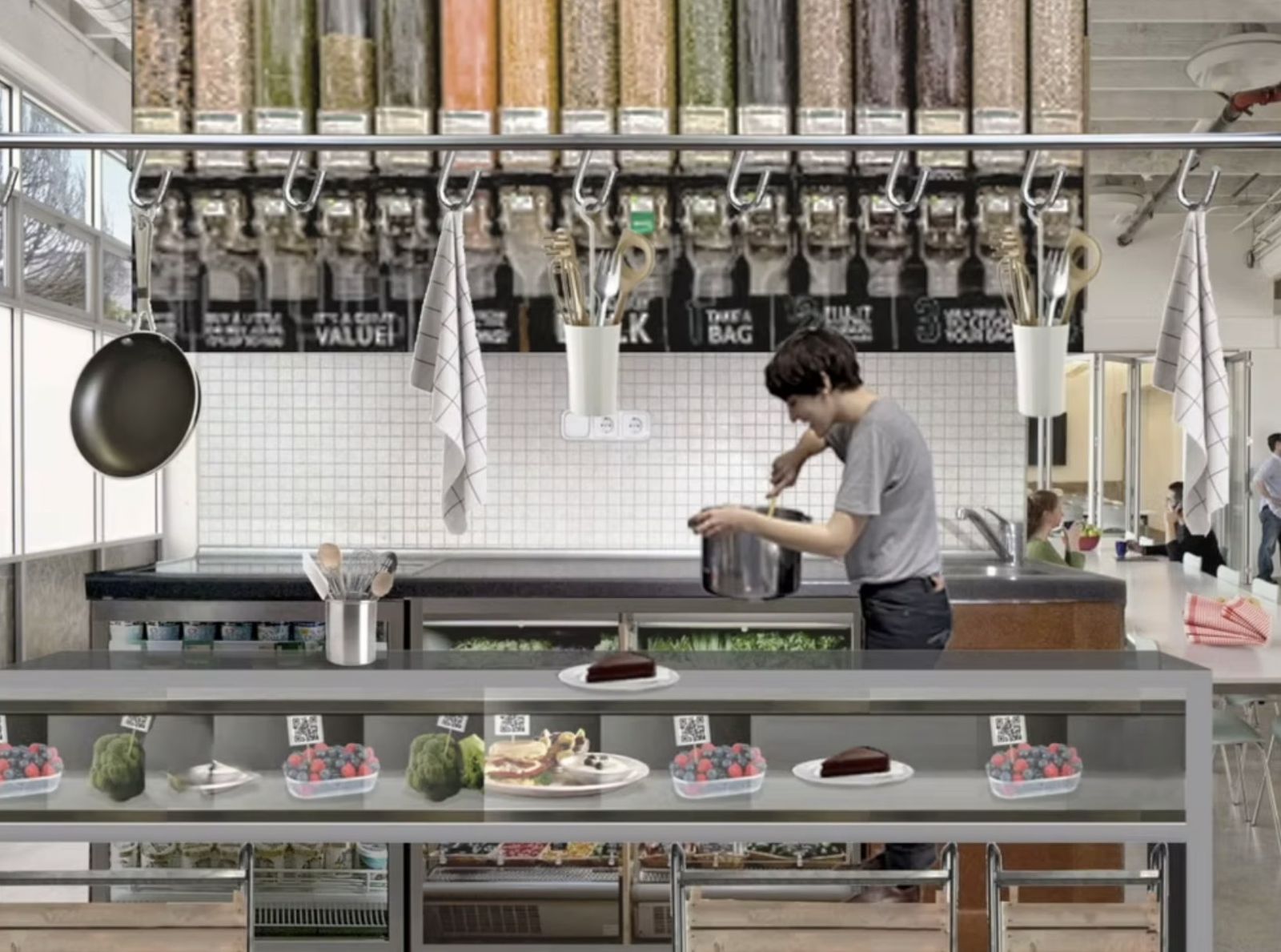 Hob Hub: a cook stirring a pot in a shared kitchen, with bulk food dispensers, hanging utensils and a display counter of dishes tagged with QR codes